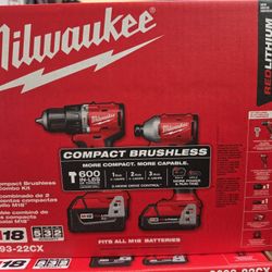 M18 Milwaukee Brushless Subcompact Hammerdrill & 3-speed Impact Driver Kit, New, Financing Available 