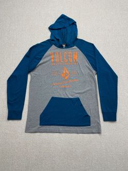 Volcom Men's Hooded Pullover Sweatshirt Size Large L Blue Gray with Orange Print