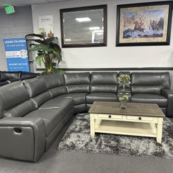 Gray Leather Sofa Sectional W/ 3x Recliners