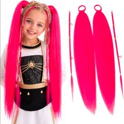 Pink Hair Extensions on Hair Tie, Lightweight Full Volume 22" Double Ponytail Set with 2Pcs Front Braids & Gold Accessories, Colored Hair Extensions f