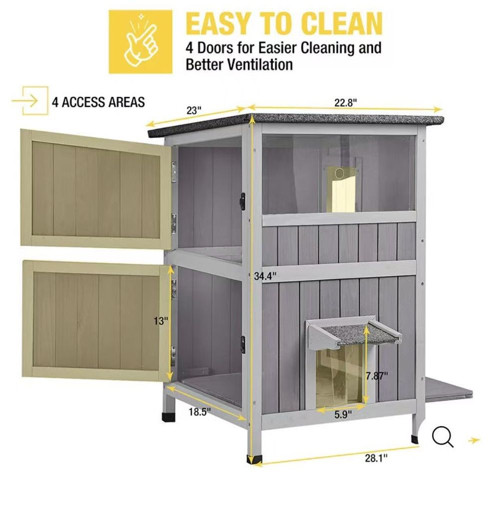 🥨Aivituvin-AIR14-1 Two Tier Wooden Cat House with Waterproof Roof, Door Flaps, Outdoor Feral Cat House 2-Story Cat Cottage, In the Box