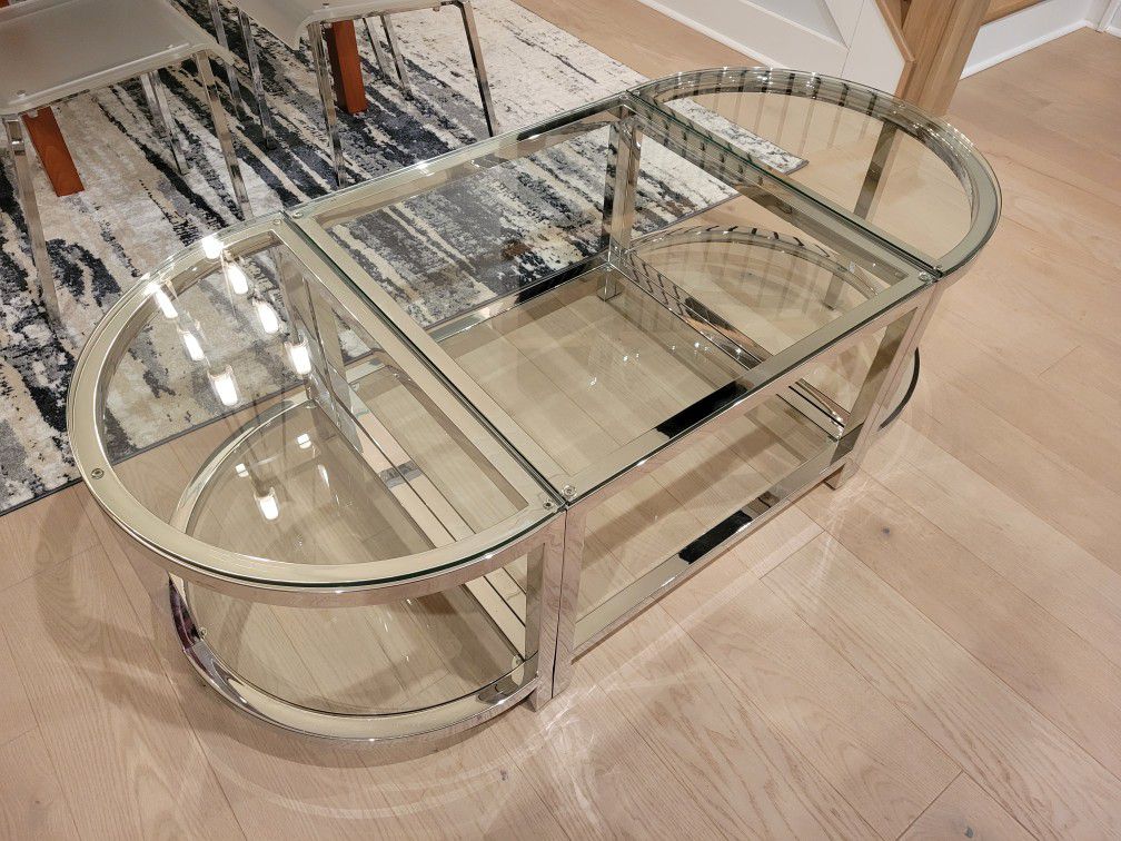 3 Piece Designer Polished Steel And Glass Cocktail Table