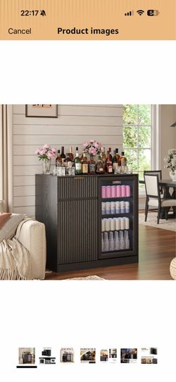 Mini Fridge Cabinet, Coffee Bar Cabinet with Fridge Space, Black Power Outlet, Wine Glass Rack, Fluted Buffet Sideboard with Drawer & Adjustable Shelf