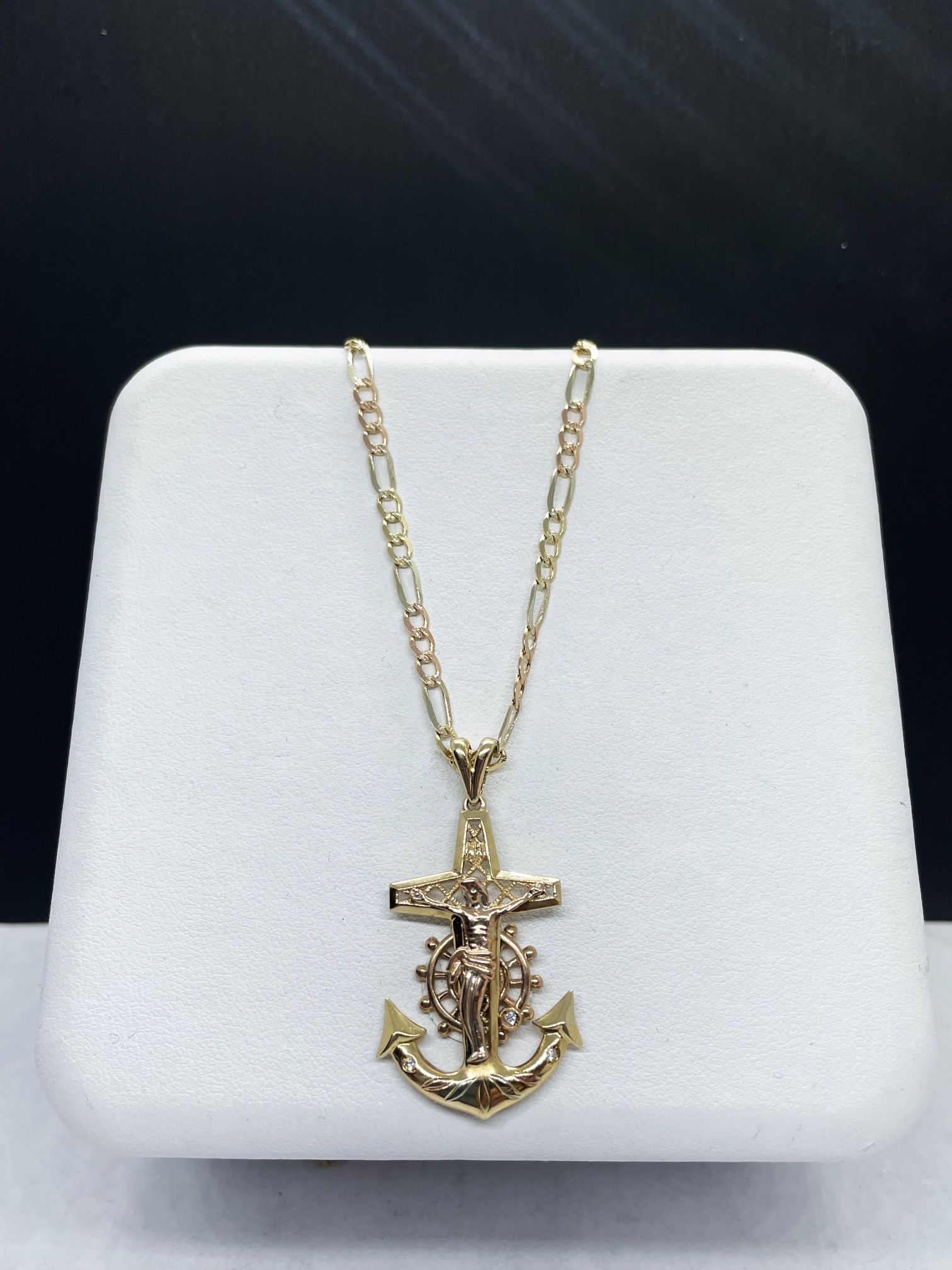 14k solid gold FIGARO three Golds  chain and anchor with Crusifix cross , necklance gold pendant