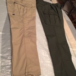5.11 Tactical pants  Waist is Expandable 38”-41” Length Is Long but has Drawstrings at Ankle So That Makes Length Adjustable. I