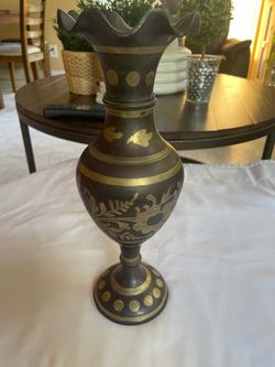 Vintage/Mid-Century style etched brass vase with black lacquer finish and floral engraving