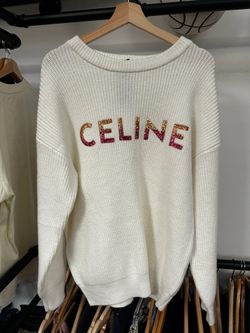 Celine Sequin Embellished Ribbed Wool Sweater Cream White Logo Designer Knit Pullover Size L