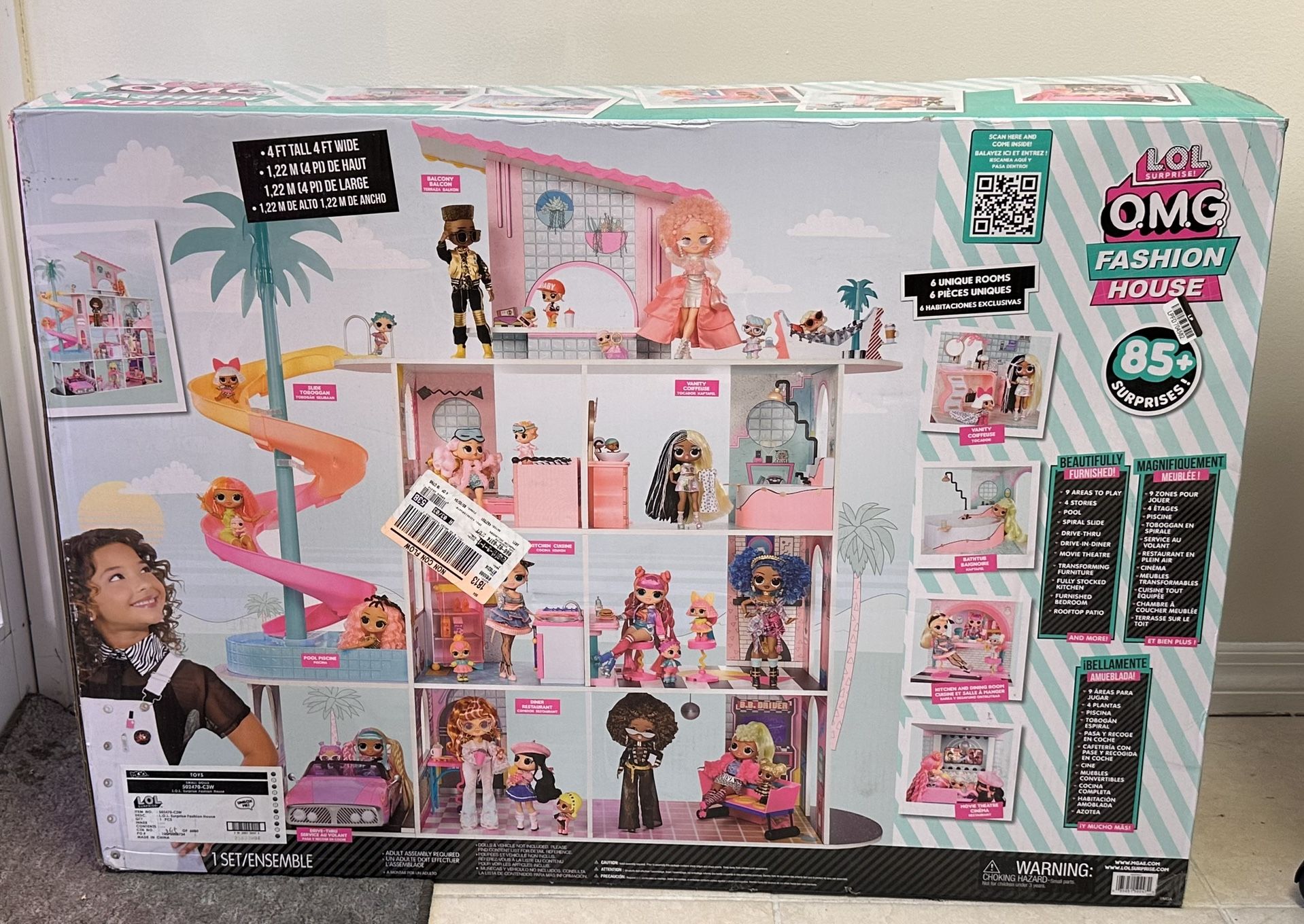 L.O.L. Surprise! OMG Fashion House Playset with 85+ Surprises and Made from Real Wood Including Pool, Spiral Slide, Rooftop Patio, Movie Theater, Tran