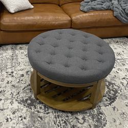Round Upholstered Large Ottoman Coffee Table, Large Footstool with Wooden Shelf, Linen, Charcoal