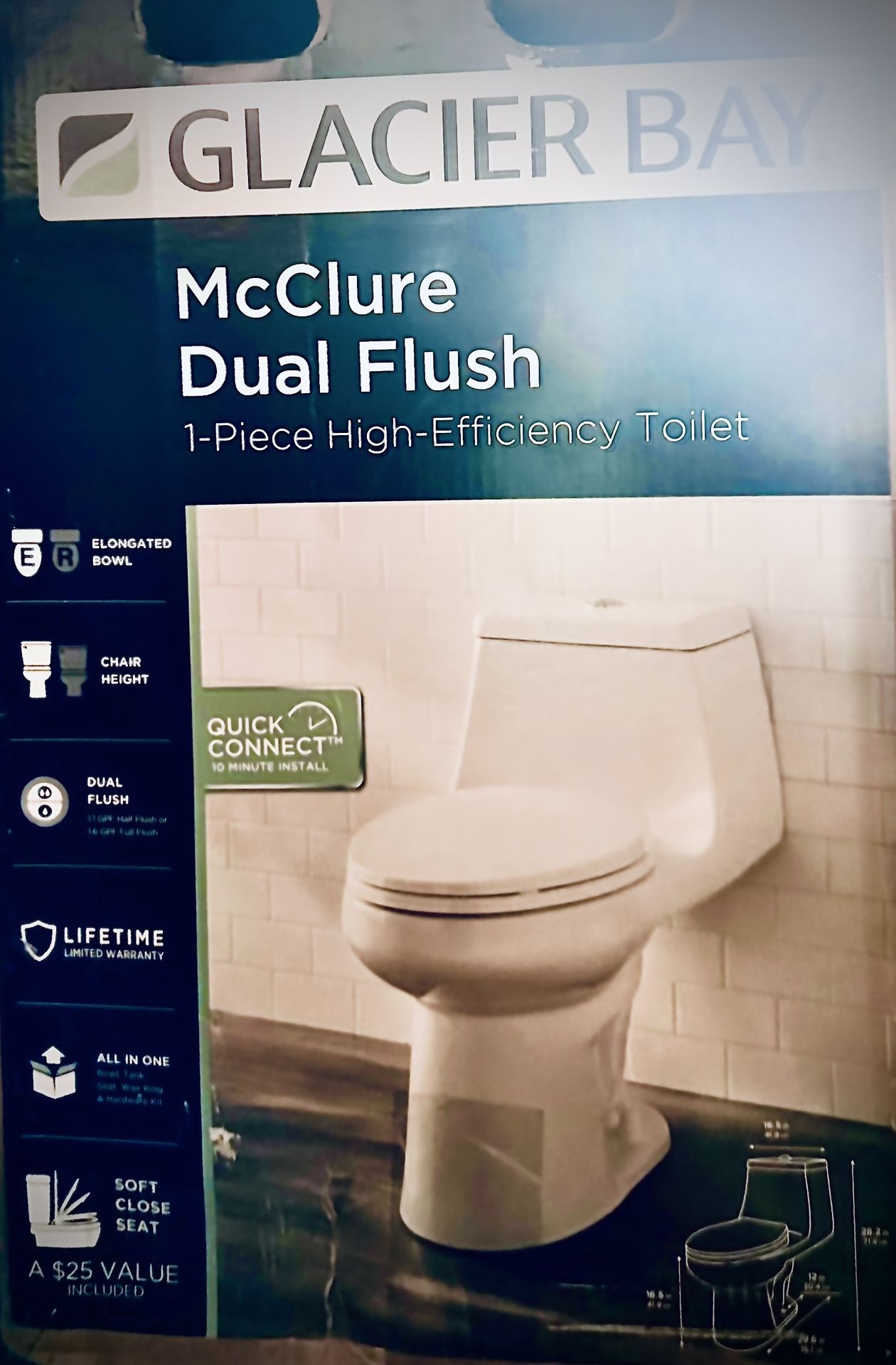 Glacier Bay 1-piece 1.1 GPF/1.6 GPF High Efficiency Dual Flush Elongated Toilet in White Slow-Close, Seat Included