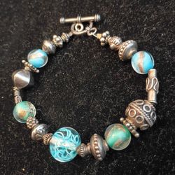 925 Sterling Silver & Glass Art Beaded Bracelet 