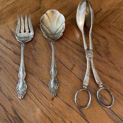 Vintage Silver Plated Serving Fork, Spoon, and Salad Tongs - 1881 Rogers - Cooper Bros & Sons Ltd.