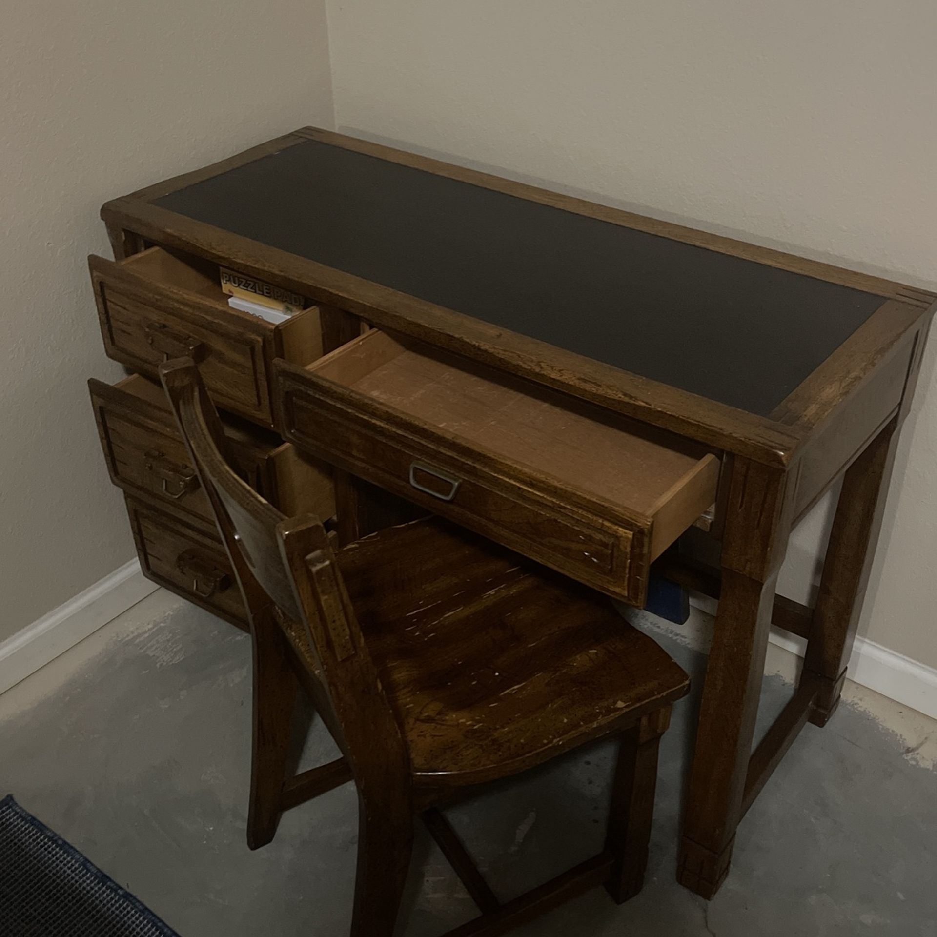 Hardwood Student Desk and Chair/ Office desk with built-in writing pad.