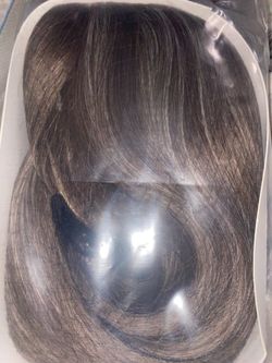 Long Brown and Grey Straight Wigs with Curtain Bangs Layered  Synthetic Wig