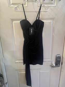 Black corset-style draped mini dress with  side-train ALL-URS inc size medium