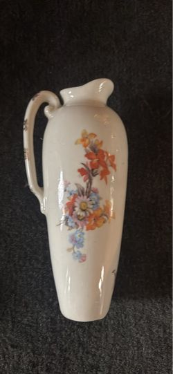 Vintage White Porcelain Pitcher Vase with Floral Design