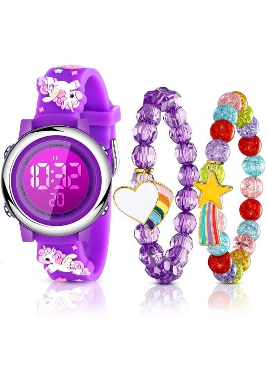 Yaomiao 3 Pieces Kids Unicorn Digital Sport Watches and Bracelets,7 Color Lights, Alarm, Stopwatch, 3D Waterproof Watch Gift for Girls 3-10 Years Old