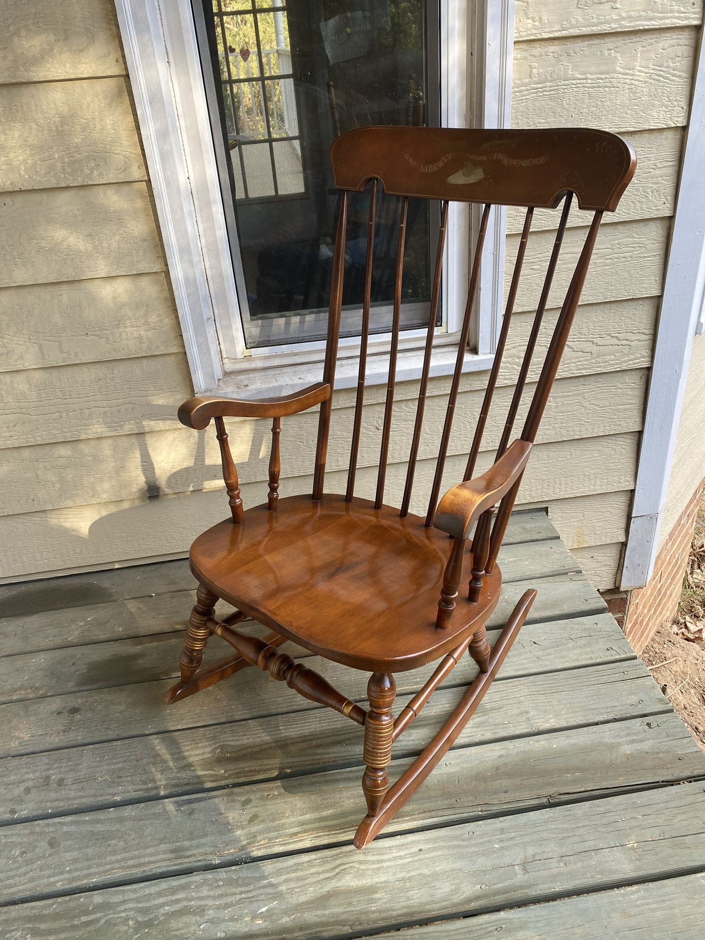Vintage 1976 Bicentennial Rocking Chair with a Colonial Stencil Top Rail, Walnut or Dark Stained Maple