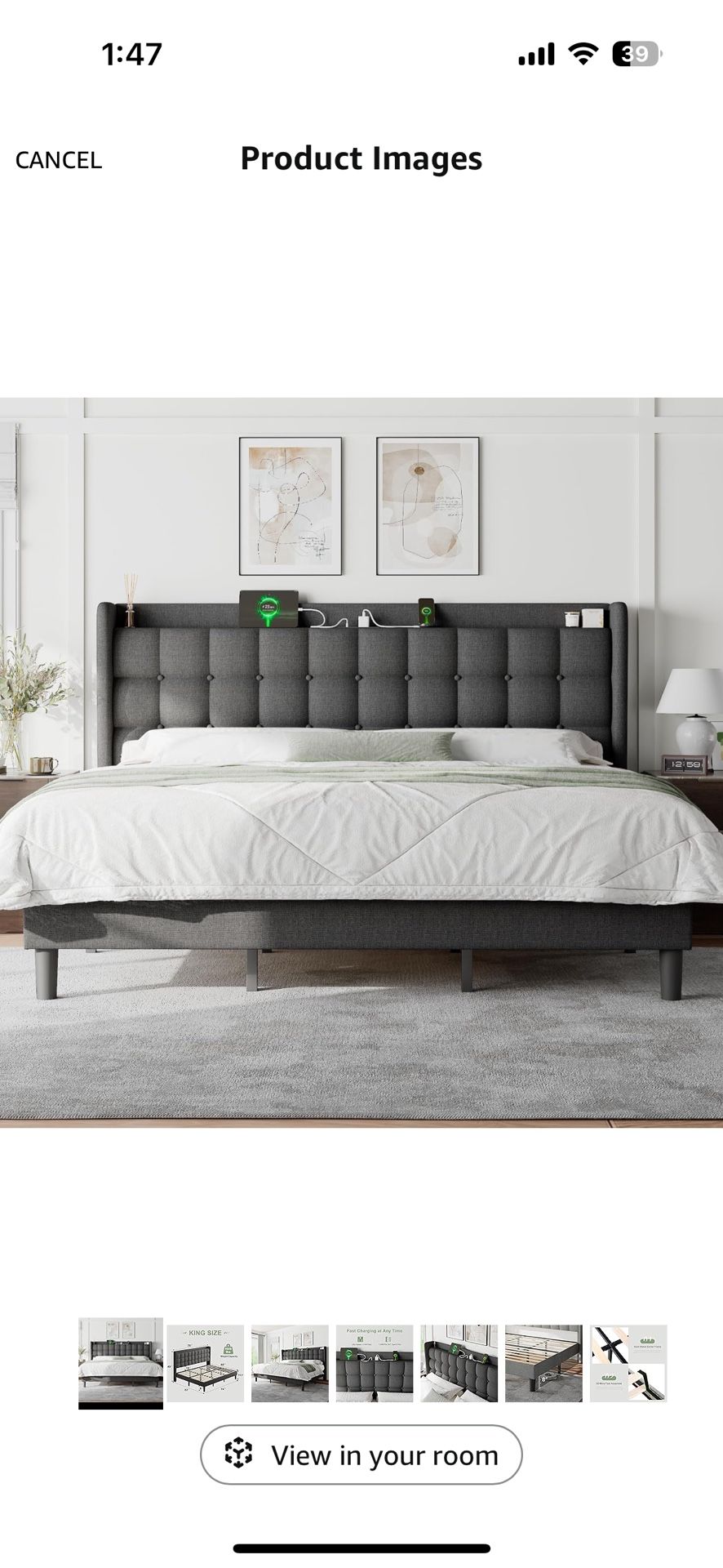 King Bedframe & Headboard With Charging Station Dark Grey 