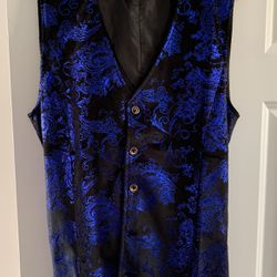 Brand New Without Tags Black Velvet Vest With Shiny Blue Paisley Pattern