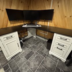 SEDETA Farmhouse 69" Executive L Shaped Desk, Home Office Desk with Drawers and Storage Cabinet & Power Outlet, Corner Computer Desk, White