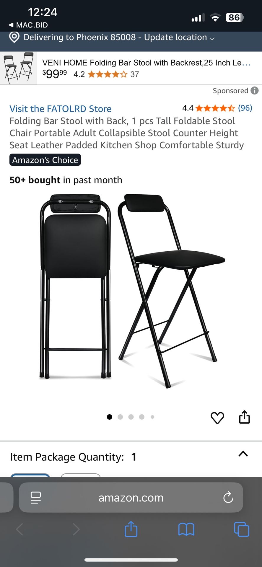 Fatolrd Black Folding Bar Stool With Back. I Piece