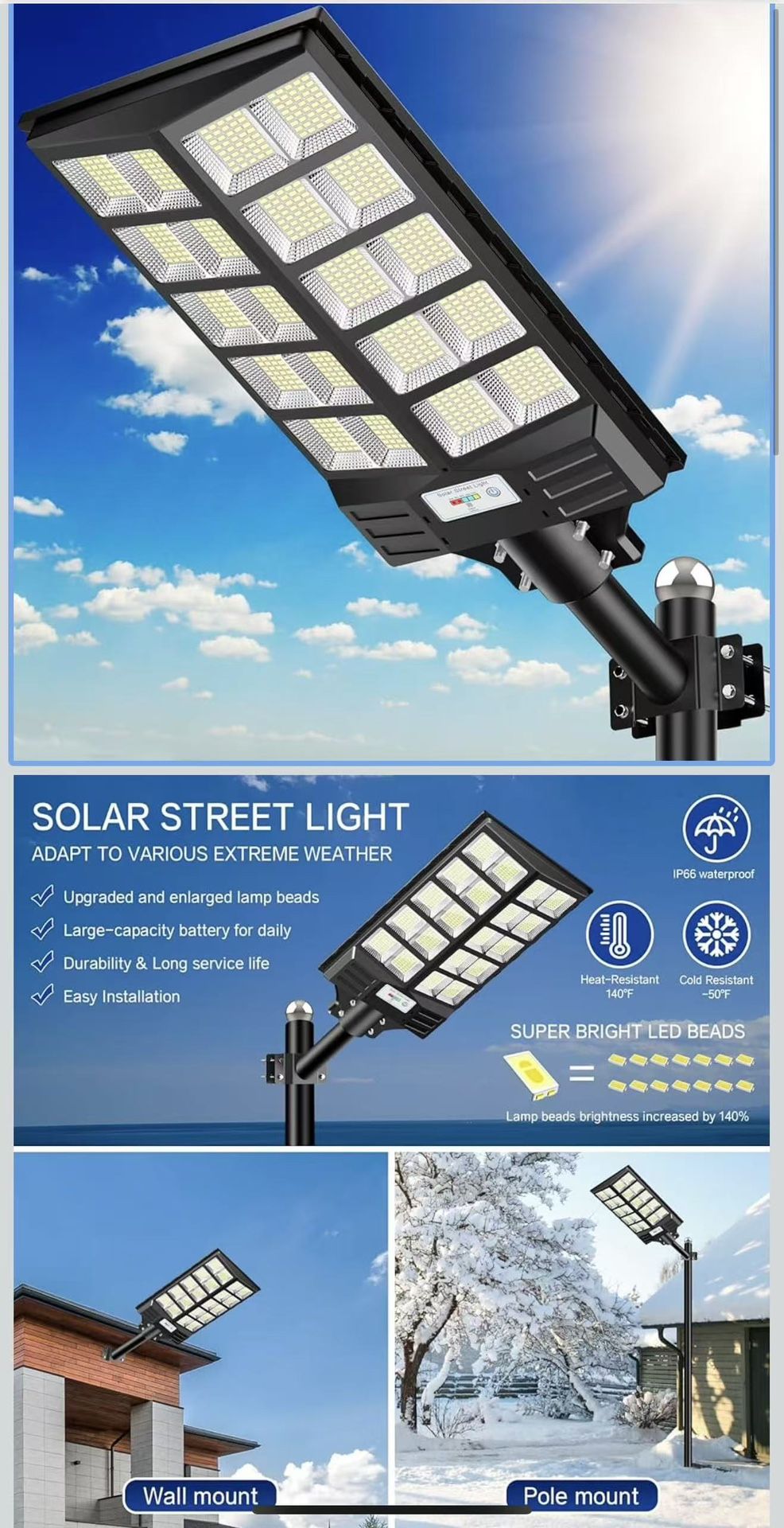 Solar Street Light 1500W Watts Solar LED Flood Light Dusk to Dawn+Pole 1350000LM