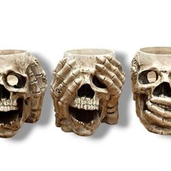 Skull 3" Candle Holders Resin 3 Set "hear no evil, speak no evil, see no evil"
