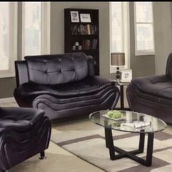 Black Leather Three Piece Couch Set