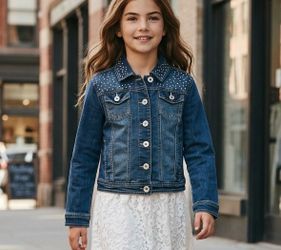 Justice  Denim Jean Jacket Girls Size 14  Button Front Rhinestone Embellishment