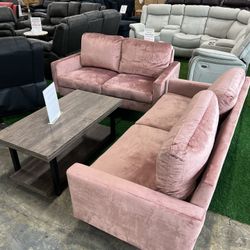 Living Room Pink Couch and Loveseat with Coffee Table