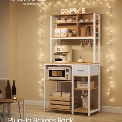 Bakers Rack with Charging Station, Coffee Bar, 15.7 x 31.5 x 71 Inches, Kitchen Microwave Stand, Adjustable Storage Shelves, Fabric Drawer, 12 Hooks, 