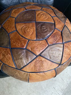 Egyptian Themed Leather Pouf Ottoman Foot Rest