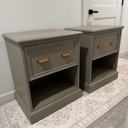 Pair of Sage Green Nightstands With Brass Hardware