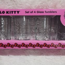  Hello Kitty Glass Tumblers set of 4. Clear Embossed Glass Brand New In Box 