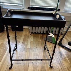 Dark Wood Serving Tray Table with Metal Stand