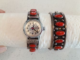 Vintage Zuni & Navajo Red Coral Sterling Silver Set – Watch & Cuff Bracelet