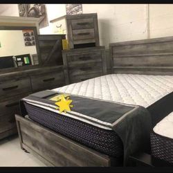 Rustic Gray Panel Bed With Storage,Nightstands,Dresser,Mirror Bedroom Set👌 Showroom Available 🏠 Financing&Delivery Available ✅
