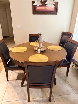 Dining room, kitchen table and hutch six chairs, dark wood, black leather wine rack drawer