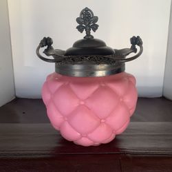 CONSOLIDATED Antique PINK SATIN GLASS QUILTED Biscuit Jar with Lid 
