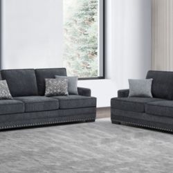 2 Pc Dark Grey Fabric Stationary Sofa W 6 Pillows 