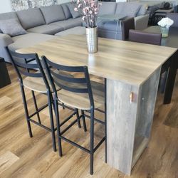 High Top 3 Piece Drop Leaf Counter Table Dining Set with Storage, Grey Wash(New  In A Box)