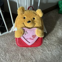 Her Universe  Winnie the Pooh Fur Heart  Backpack Red Pink Adjustable Strap 