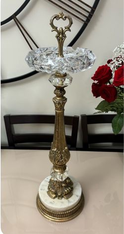 Vintage Floor Ashtray Decorative Antique Brass Marble And Glass Retro MCM Regency Antique Brass Handle Crystal Glass Home Decor