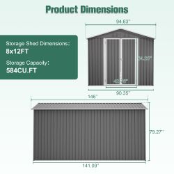 Lockable Secure Metal Shed 8x12 FT - Large Outdoor Storage with Aluminum Frame, Durable Garden Tool Shed for Backyard, Patio, Lawn, Grey