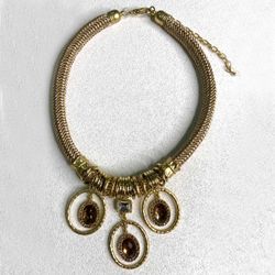 Gold-Tone Chunky Woven Necklace with Amber Crystal Pendants