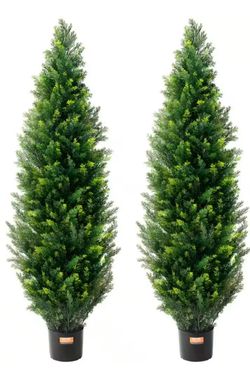🌳Set of 2 Artificial Cedar Topiary Trees 60 in. Tall with Pot Faux Evergreen Fake Pine Cypress Trees Plant, UV Rated🌳