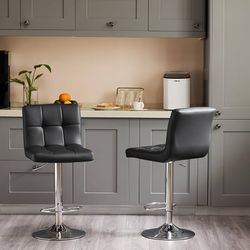 New Set of 2 Faux Leather Bar Stools, Adjustable Height Hydraulic Swivel Armless Barstools, Extra Tall Square Kitchen Bar Stool with Backrest New in