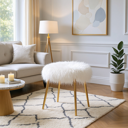 Dahlia Faux Fur Ottoman Stool with Gold Legs