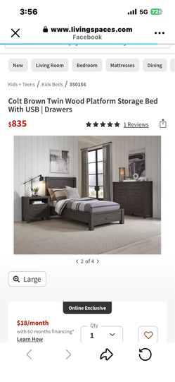Living spaces colt brown twin platform bed. Like new. Mattress still in wrapping plus matching desk. All pieces included.